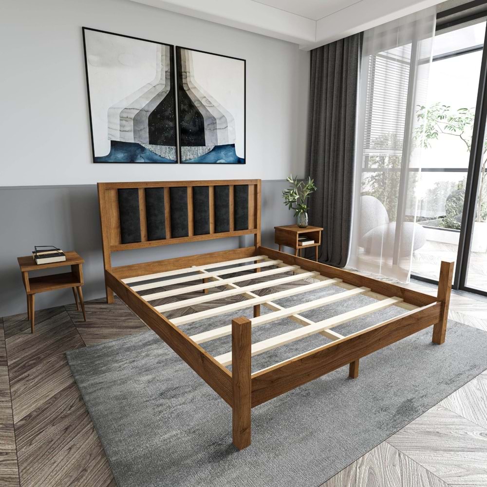 Orion Model Kiremit Renk Puflu Başlıklı Ceviz Renk Çam Ahşap Karyola