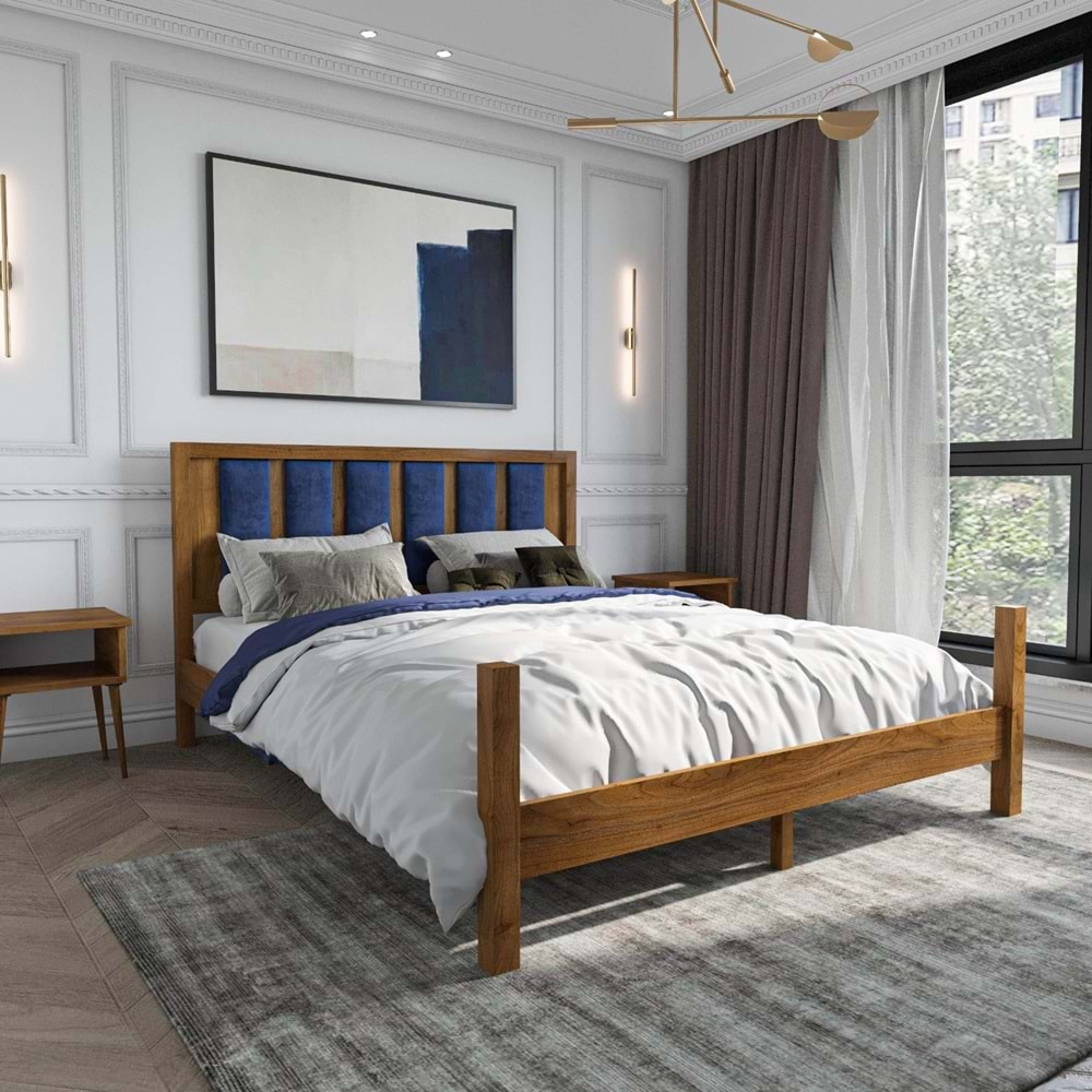 Orion Model Lacivert Renk Puflu Başlıklı Ceviz Renk Çam Ahşap Karyola Ve İki Komodin Set