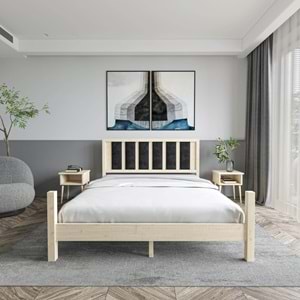 Orion Model Siyah Renk Puflu Başlıklı Doğal Çam Ahşap Karyola Ve İki Komodin Set