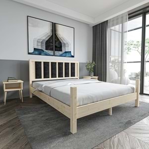 Orion Model Siyah Renk Puflu Başlıklı Doğal Çam Ahşap Karyola Ve İki Komodin Set
