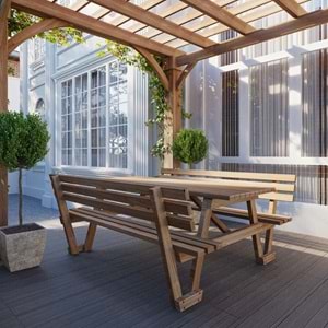 Sırt Destekli Fındık Renk Ahşap Piknik Masası 8 Kişilik