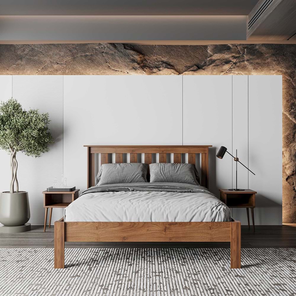 Shark New Ahşap Ceviz Karyola | Kolay Kurulum