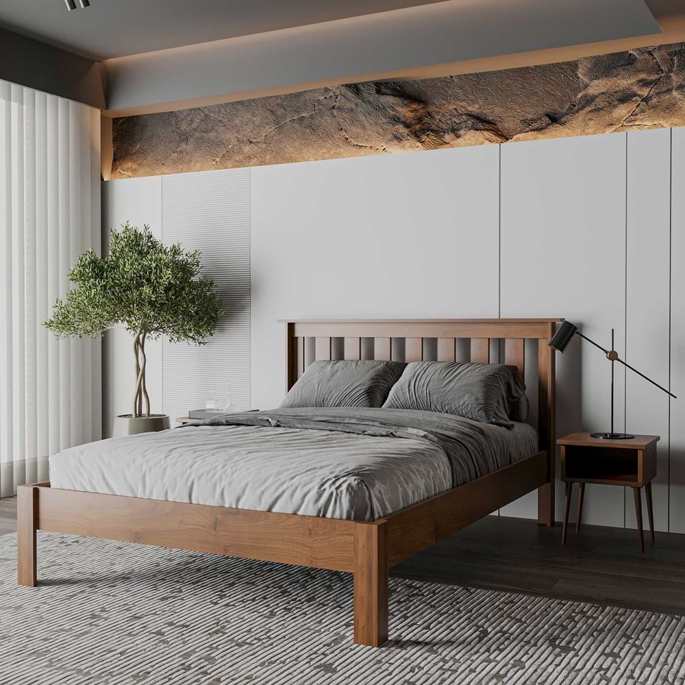 Shark New Ahşap Ceviz Karyola | Kolay Kurulum